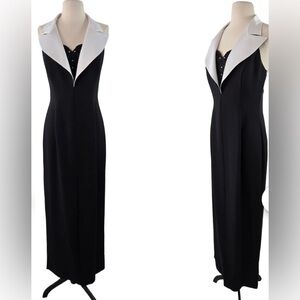 Ever Beauty Vintage Tuxedo Halter Gown Dress Velvet Slit Sz 6 Black/white